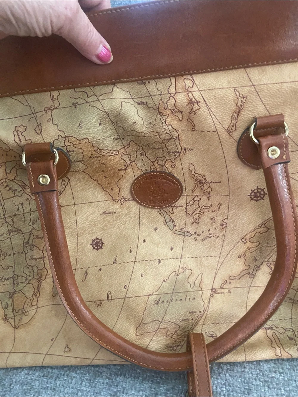 Columbus Collection Map-Print Tote Bag with Brown Leather Trim